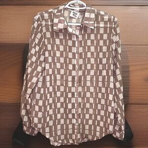 PRINCESS POLLY Blouse Womens Size 4 White Tan Sheer Checkered Button Up Career